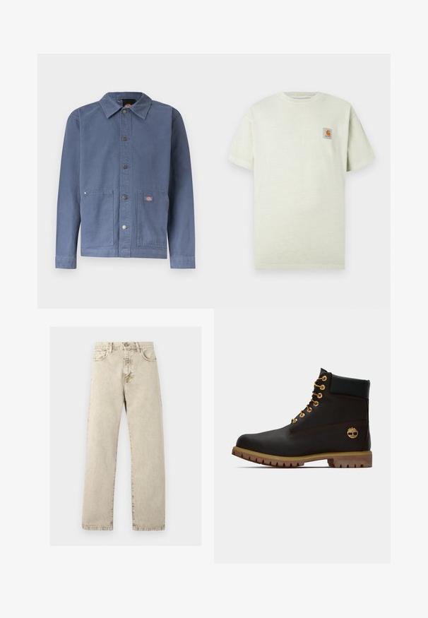 Veste bleue à boutons-pression avec col, deux poches avant, boutons-pression en métal et petit patch logo sur la poche droite.; T-shirt en coton vert clair avec des manches courtes, un col rond et un petit patch carré avec un logo sur la poitrine gauche. Texture douce.; Jeans en denim beige taille haute à coupe droite avec cinq poches et coutures visibles sur un fond clair.; Bottine noire en cuir avec œillets dorés, accents marron et semelle en caoutchouc. Comprend un col rembourré et un logo estampé sur le côté.