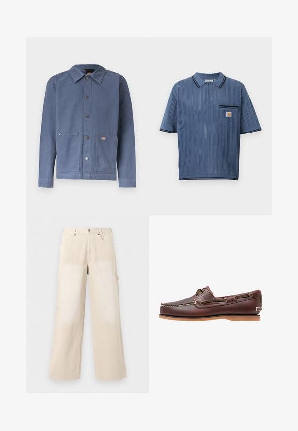 Veste bleue à boutons-pression avec col, deux poches avant, boutons-pression en métal et petit patch logo sur la poche droite.; Polo en maille bleu avec rayures verticales ajourées, patte de boutonnage à trois boutons, poche poitrine avec logo Carhartt et bordures noires sur le col et les manches.; Pantalon beige à jambes larges avec poches avant, fermeture par boutons et passants de ceinture, présenté sur un fond blanc uni.; Chaussure bateau en cuir marron avec coutures blanches, détails de lacets et semelle en caoutchouc beige, vue de côté sur fond blanc.