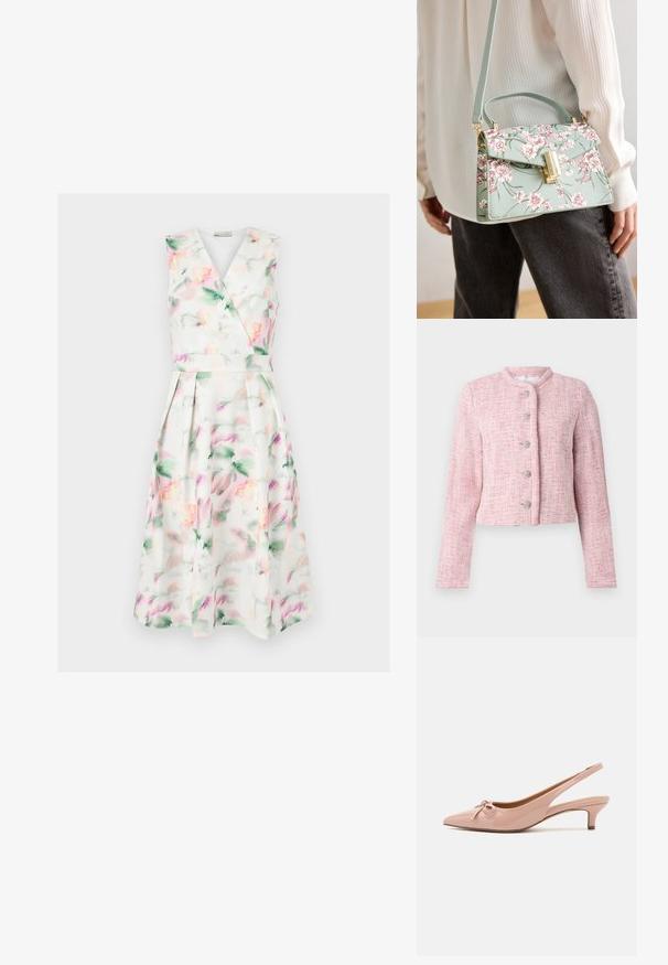 Chaqueta corta de tweed rosa con cuello redondeado, cinco botones plateados y mangas largas. Tejido texturizado con un patrón de espiga en todo el tejido.; Vestido midi blanco sin mangas con estampado floral en acuarela en tonos pastel, cuerpo cruzado con escote en V, cintura ceñida y falda plisada.; Zapatos de tacón tipo slingback en color rosa patentado, con punta afilada, detalle de lazo en la parte delantera y un tacón bajo tipo kitten. Textura suave con un acabado brillante.; Bolso de mano con estampado floral en verde menta, de forma estructurada, con detalles en oro y un asa superior. El diseño presenta flores rosas y hojas verdes.