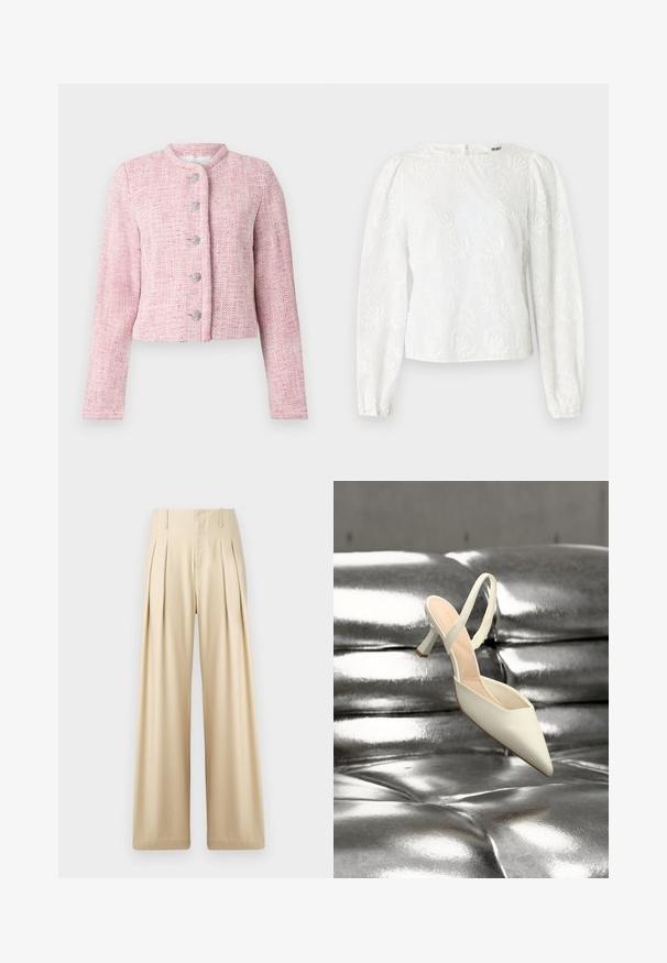 Kurze pinke Tweedjacke mit rundem Kragen, fünf silbernen Knöpfen und langen Ärmeln. Textil mit durchgehendem Fischgrätmuster.; Weiße Bluse mit floraler Stickerei, langen Puffärmeln, einem abgerundeten Ausschnitt und einem Reißverschluss auf der Rückseite. Glatte, leichte Stofftextur.; Beige weit geschnittene Hosen aus einem glatten Stoff. Mit scharfen Falten, einer hohen Taille und dezenten Ziernähten für einen maßgeschneiderten Look.; Ein einzelner weißer Slingback-Pumps mit spitzer Kappe liegt auf einer glänzenden, metallisch silbernen, gesteppte Oberfläche.