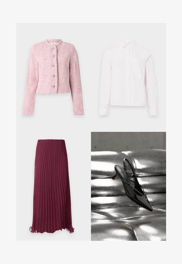 Kurze pinke Tweedjacke mit rundem Kragen, fünf silbernen Knöpfen und langen Ärmeln. Textil mit durchgehendem Fischgrätmuster.; Helles rosa Langarm-Hemd mit Knopfleiste, Kragen und einer einzelnen Brusttasche, vor einem weißen Hintergrund präsentiert.; Langer, bordeauxfarbener, plissierter Rock aus leichtem Stoff mit elastischem Taillenbund und leicht gerafftem Saum. Strukturierte, vertikale Falten im gesamten Rock.; Schwarzer Lackleder-Slingback-Schuh mit spitzer Kappe und kleinem Absatz, ruhend auf einer glänzenden metallischen silberfarbenen, gesteppte Oberfläche.