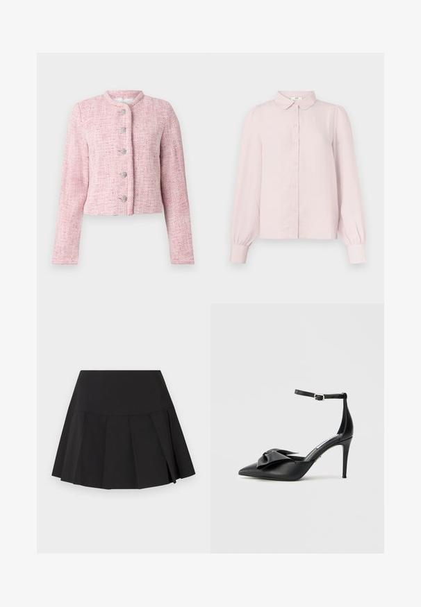Kurze pinke Tweedjacke mit rundem Kragen, fünf silbernen Knöpfen und langen Ärmeln. Textil mit durchgehendem Fischgrätmuster.; Hellrosa Langarmhemd mit Kragen, durchgehender Knopfleiste und gerafften Ärmeln, gefertigt aus weichem Stoff mit glatter Textur.; Schwarzer, plissierter Minirock mit breitem Bund, gleichmäßig verteilten vertikalen Falten und leicht ausgestelltem Saum.; Schwarzer High-Heel-Schuh mit spitzer Zehenpartie, Satinschleifenakzent und verstellbarem Knöchelriemen mit silberner Beschlägen. Glatte Lederstruktur.