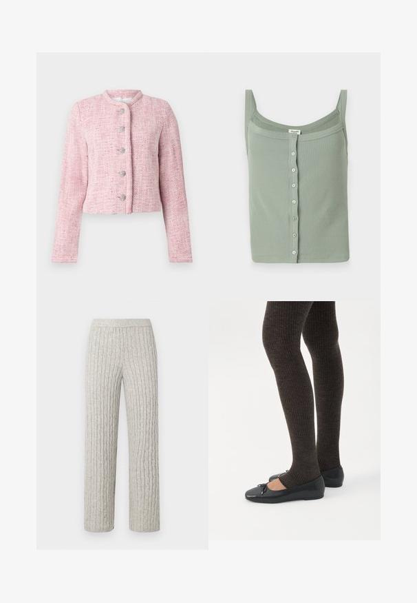 Lühike roosa tweed jakk ümarate krae, viie hõbedase nööbiga ja pikkade varrukatega. Tekstuuriga kangas, millel on toda herringbone muster.; Roheline sooniline tanktop õhukeste rihmade ja sirge kaelusega, millel on eesmine nööpide kinnitamine ja sobiv disain.; GAP Petite CABLE PANT - Püksid - grey; Jalad seljas tumedad soonelises soonelises kombines mustade baleriinadega, millel on väikesed paelade detailid valgel taustal.