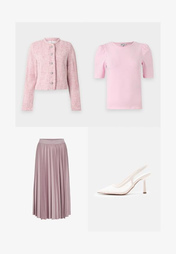 Chaqueta corta de tweed rosa con cuello redondeado, cinco botones plateados y mangas largas. Tejido texturizado con un patrón de espiga en todo el tejido.; Camiseta de manga corta de color rosa claro hecha de tela suave. Presenta un cuello redondo clásico y mangas abullonadas con fruncidos para añadir textura.; Falda larga con pliegues en suave tela rosa, que presenta una cintura elástica. La textura suave y el diseño fluido realzan su forma general.; Zapato de tacón alto blanco con puntera puntiaguda, tira trasera y parte superior de encaje de malla, sobre un fondo liso de color gris claro.