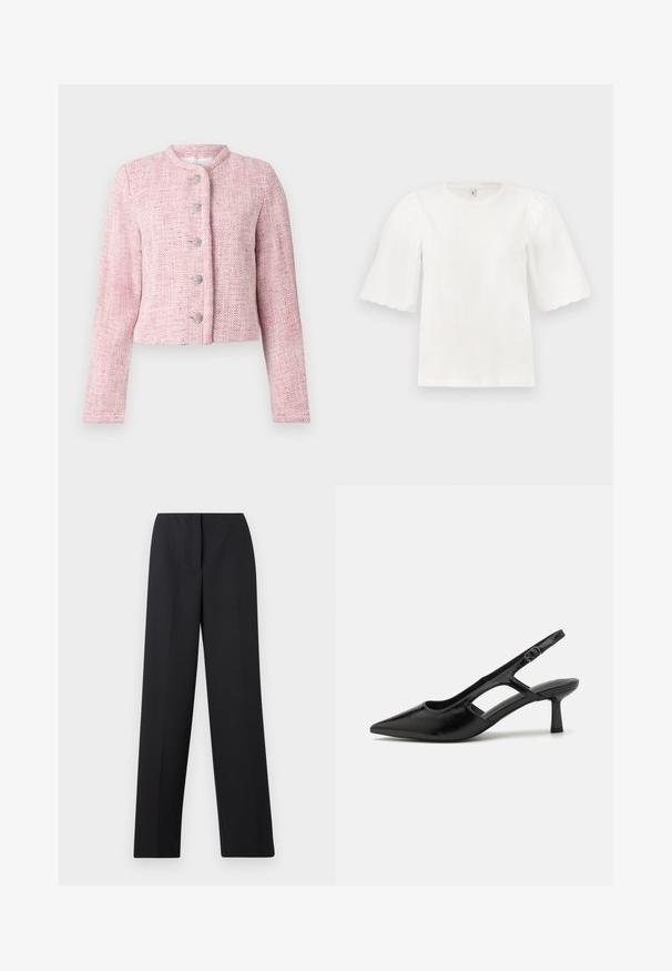 Kurze pinke Tweedjacke mit rundem Kragen, fünf silbernen Knöpfen und langen Ärmeln. Textil mit durchgehendem Fischgrätmuster.; Weiße Bluse mit kurzen Ärmeln, geschwungenen Kanten und aufgepufften Ärmeln, Rundhalsausschnitt, präsentiert vor einem einfachen hellen Hintergrund.; Schwarze High-Waist-Hosen mit geradem Bein, gepressten Bügelfalten und verdecktem vorne liegendem Verschluss auf neutralem Hintergrund.; Schwarze Slingback-Absätze mit spitzer Zehenpartie, aus glänzendem Material gefertigt, mit ausgeschnittenen Akzenten und einem moderaten Absatz für Unterstützung.
