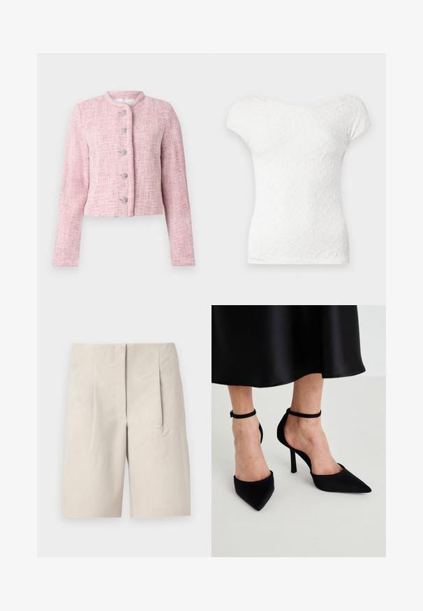 Chaqueta corta de tweed rosa con cuello redondeado, cinco botones plateados y mangas largas. Tejido texturizado con un patrón de espiga en todo el tejido.; Camiseta blanca de manga corta con un patrón texturizado y ondulado y un escote amplio. Tela suave, diseño ajustado, estética simple y limpia.; Pantalones cortos de ante beige con un corte relajado, que presentan dos pliegues delanteros y un diseño de cinturilla limpio. Textura suave, con una longitud a medio muslo.; Zapatos de tacón negro con punta afilada, hechos de tela suave, con tacón de aguja y una correa delgada en el tobillo, que presentan un diseño de lado abierto.