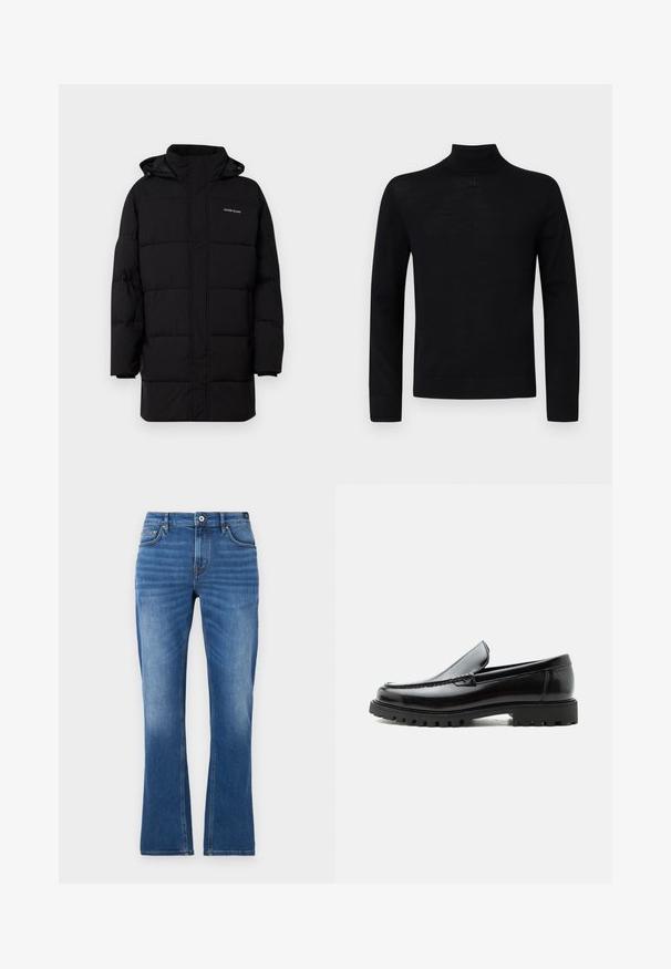 Guess Jeans PUFFER JACKET - Winterjacke - jet black; Schwarzer Rollkragenpullover aus weichem Stoff, mit langen Ärmeln und einer taillierten Silhouette, die einen kleinen runden Akzent am Hals aufweist.; Denim-Jeans mit ausgestelltem Bein in Mittelblau. Mit einem Fünf-Taschen-Design, gestickten Akzenten, einem Knopfverschluss und leicht ausgewaschenem Stoff an den Beinen.; Schwarzer Lederloafer mit grober Gummisohle, genähter Oberseite und geprägtem Markennamen an der Ferse, seitlich auf weißem Hintergrund gezeigt.