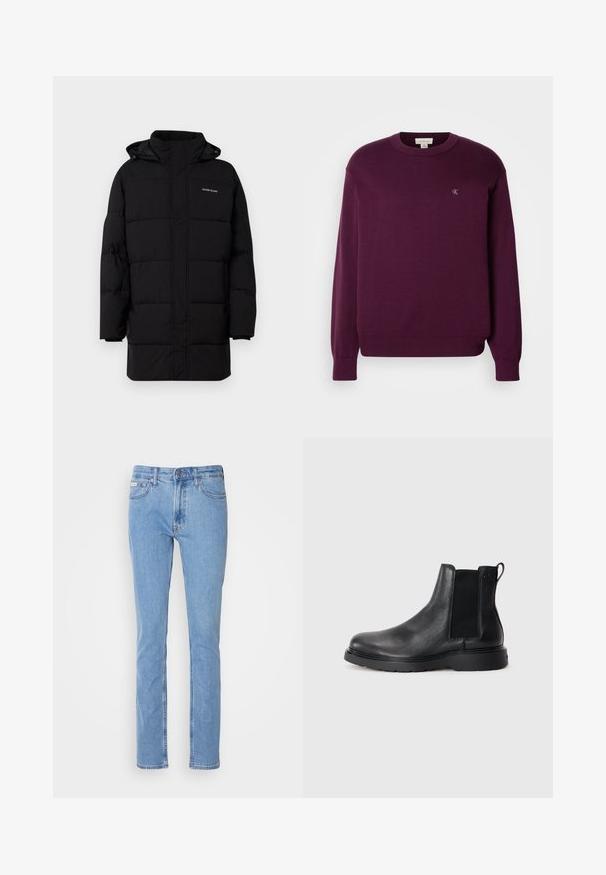 Guess Jeans PUFFER JACKET - Talvejope - jet black; Lilla kudumiga sviiter pika varrukaga, ümmarguse kaelusega, soonikkaldenurgaga ja käistega, millel on rinnal väike CK logo. Siledat tekstuuri.; Heledad sinine teksapüksid sirge säärega, viietaskuline disain ja tavaline vöökoht, kus on vöö kinnitamise silmus.; Mustad mustad Chelsea saapad, millel on tekstuuriga viimistlus, elastsed külgtaskud ja vastupidav kummist tald. Discreetne bränding kontsapuntšel.