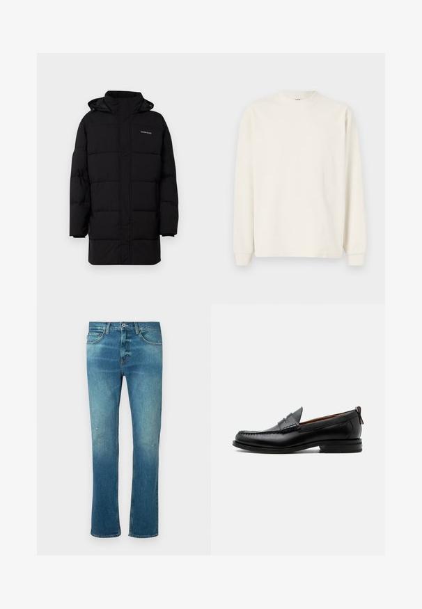 Guess Jeans PUFFER JACKET - Winterjacke - jet black; Langarm, geripptes Strickoberteil in Off-White mit Rundhalsausschnitt und enganliegenden Bündchen, das eine lockere Silhouette bietet.; Blaue Jeans aus Denim mit geradem Schnitt, ausgestattet mit einem leichten Verwaschungseffekt, leichten Abnutzungen an den Knien und klassischem Fünf-Taschen-Design.; Schwarzer Leder-Herrenschuh mit Mokassinnaht, Penny-Riemen, strukturiertem Kragen und niedrigem gestapeltem Absatz auf weißem Hintergrund.