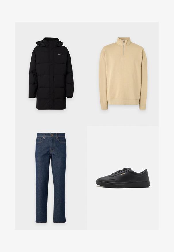 Guess Jeans PUFFER JACKET - Talvejope - jet black; Beeži spordipusa kõrge kaeluse ja poole tõmblukuga. Omab soonikkoes varrukaid ja allserva, koos peene logoga rinnal. Sile tekstuur.; Tumed sinised džinsid denimist, sirge säärega lõikega, varustatud nööbikinnitusega, viie taskuga ning kontrastsete õmblustega detailide; Mustad nahkspordijalatsid siledast materjalist, ümarate varvastega, tasase kummist tallaga ja tooni sobivate paeltega. Küljes on kuldne "BOSS" bränding.