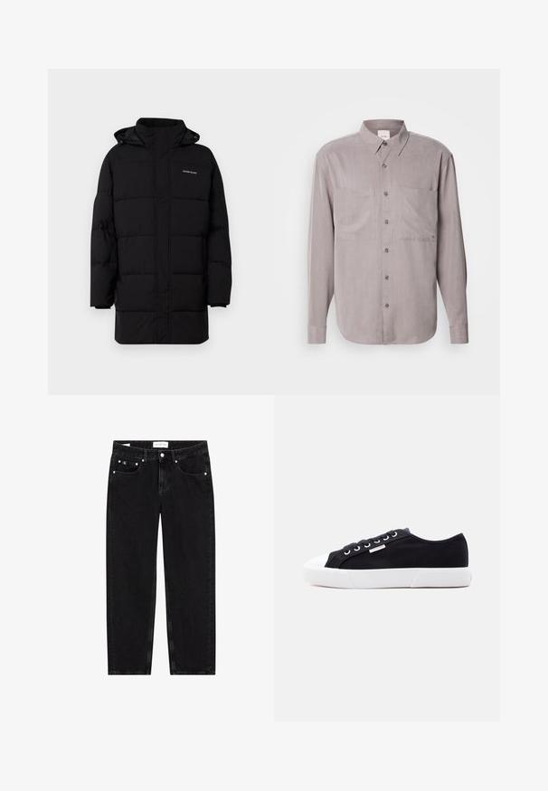 Guess Jeans PUFFER JACKET - Winterjas - jet black; Langschild overhemd in gedempt grijs stof, met twee borstzakken, een klassieke kraag en tonale knoopsluitingen.; Zwarte denim jeans met een rechte pasvorm, een licht verwassen textuur, vijf zakken en zilveren hardware details. Label op de tailleband.; Zwarte lage canvas sneaker met een witte rubberen zool en neuskapje, metalen veterogen en een klein Calvin Klein-logo label aan de zijkant.