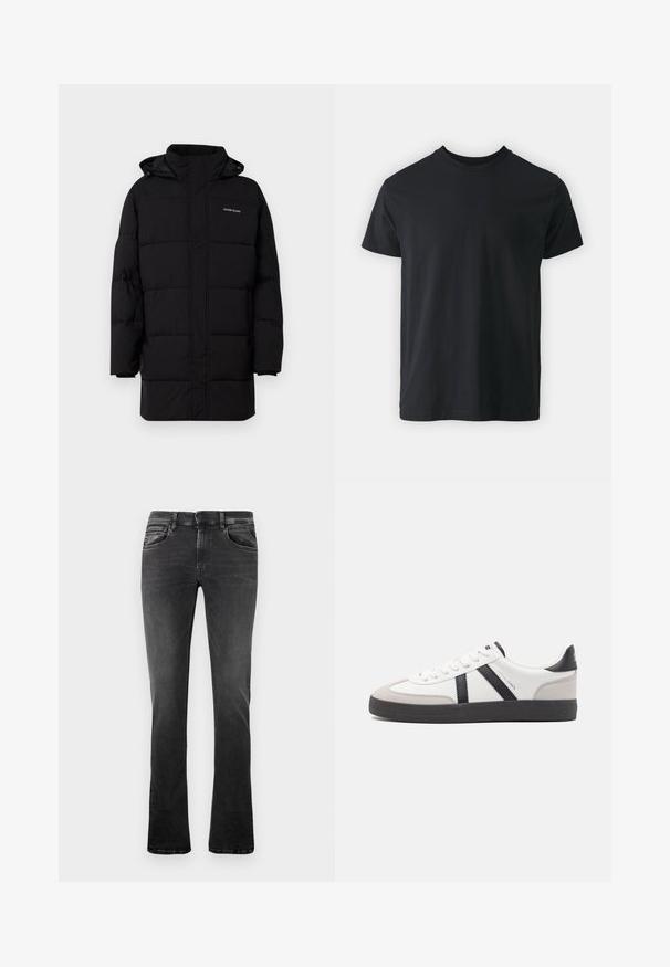 Guess Jeans PUFFER JACKET - Winterjacke - jet black; Schwarzes Baumwoll-T-Shirt mit kurzen Ärmeln, Rundhalsausschnitt und lässiger Passform. Glatte Textur und gerader Saum, keine sichtbaren Grafiken oder Muster.; Schwarze Jeans aus Denim mit geradem Schnitt, fünf Taschen, kontrastierenden Nähten und dezentem Waschungseffekt auf der Vorderseite. Mit Knopf- und Reißverschluss.; Weiße Sneaker mit schwarz- und grau-aczenten, ausgestattet mit einer strukturierten grauen Zehenkappe, schwarzer Gummi-Sohle und flachen weißen Schnürsenkeln. Sauberes Design, minimalistische Stil.