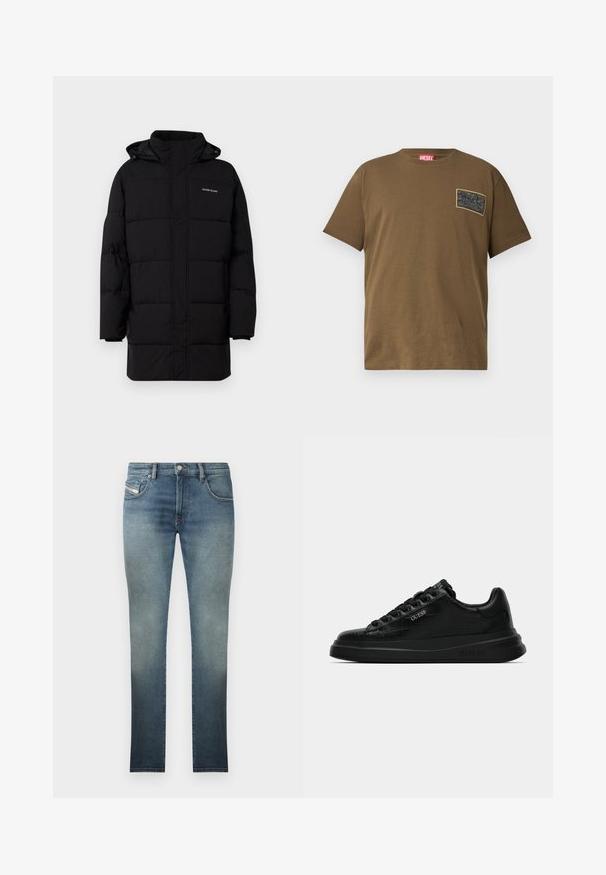 Guess Jeans PUFFER JACKET - Winterjas - jet black; Bruine katoenen t-shirt met ronde hals, voorzien van een zwart grafisch patch op de linkerborst. Korte mouwen en een rechte zoom.; Slim-fit jeans in een vervaagde blauwe wassing, met een vijf-pocket ontwerp, metalen knoopsluiting en contrasterende stiksels. Licht verouderde textuur.; Zwarte sneakers met een gestructureerd krokodillenpatroon. Voorzien van een dikke zool en ronde veters, met "GUESS"-branding aan de zijkant en op de tong.