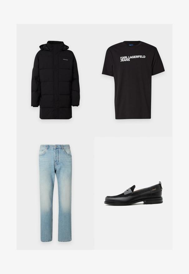 Guess Jeans PUFFER JACKET - Winterjacke - jet black; Schwarzes Baumwoll-T-Shirt mit kurzen Ärmeln und rundem Halsausschnitt, mit weißem Text "KARL LAGERFELD JEANS" diagonal über die Vorderseite.; Helle blaue Jeans aus Denim mit geradem Bein, fünf Taschen und einem ausgewaschenen Effekt an den Oberschenkeln.; Schwarzer Lederloafer mit grauem Riemendetail, niedrigem Absatz und strukturierter Sohle, seitlich mit „HUGO“ in Gold gebrandmarkt.