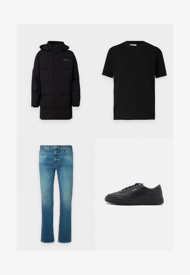 Guess Jeans PUFFER JACKET - Winterjacke - jet black; Schwarzes kurzärmliges T-Shirt aus Baumwolle mit Rundhalsausschnitt und lockerer Passform. Sanfte Textur, keine Muster oder sichtbaren Logos.; Blaue Jeans aus Denim mit geradem Schnitt, ausgestattet mit einem leichten Verwaschungseffekt, leichten Abnutzungen an den Knien und klassischem Fünf-Taschen-Design.; Schwarze Leder-Sneaker mit glatter Textur, runder Zehenpartie, flacher Gummisohle und einfarbigen Schnürsenkeln. Mit goldfarbenem "BOSS" Logo an der Seite.