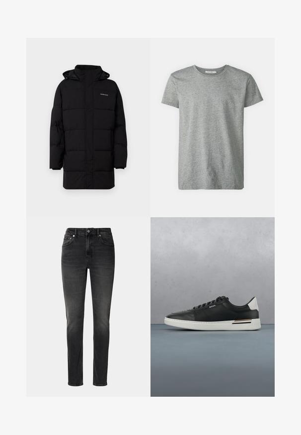 Guess Jeans PUFFER JACKET - Winterjacke - jet black; Graues Kurzarm-T-Shirt aus weichem Baumwollmix. Hat einen Rundhalsausschnitt und eine einfache, glatte Textur ohne Muster oder Akzente.; Schwarze Jeans aus Denim, mit geradem Schnitt, fünf Taschen und Knopfverschluss. Leichte Ausbleichungen verleihen dem Stoff Textur.; Schwarze Ledersneaker mit weißer Sohle, ausgestattet mit Perforationen, Schnürdesign, Logo an der Seite und kontrastierenden Fersendetails in Weiß und Braun.