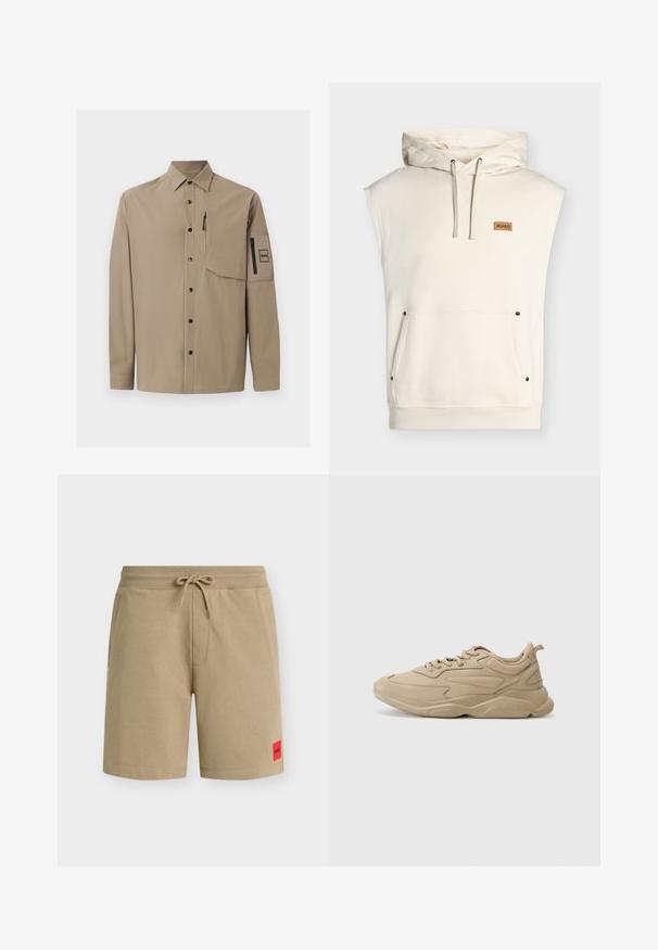 Chemise beige à manches longues avec col, boutons-pression noirs, une poche poitrine zippée et une poche plaquée zippée sur la manche gauche.; Sweat à capuche sans manches couleur crème avec poche kangourou à l'avant, capuche à cordon, ourlet côtelé et petit écusson marron marqué "HUGO" sur la poitrine.; Shorts décontractés beige avec taille à cordon, poches latérales, et petite étiquette rouge de la marque sur la partie inférieure de la jambe gauche.; Baskets de sport beiges avec une tige en tissu texturé, une semelle épaisse, un design à lacets et une languette au talon. Style minimaliste.