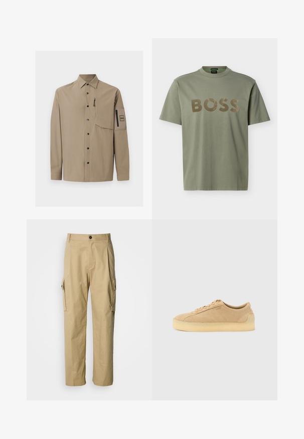 Chemise beige à manches longues avec col, boutons-pression noirs, une poche poitrine zippée et une poche plaquée zippée sur la manche gauche.; T-shirt vert olive à manches courtes et col rond avec un grand lettrage texturé marron "BOSS" sur la poitrine.; Pantalon cargo beige en tissu résistant, avec une coupe décontractée, des poches latérales et une fermeture par bouton à la taille.; Baskets basses en daim beige avec semelle épaisse en gomme, fermeture à lacets à l'avant, et logo discret sur le côté, sur un fond uni gris clair.