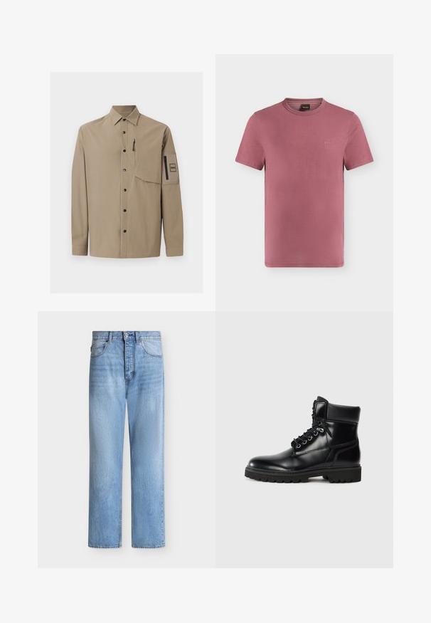 Chemise beige à manches longues avec col, boutons-pression noirs, une poche poitrine zippée et une poche plaquée zippée sur la manche gauche.; T-shirt mauve à manches courtes col rond avec petit logo BOSS embossé sur la poitrine gauche et étiquette logo orange à l’intérieur du col.; Jean droit en denim bleu clair avec fermeture par bouton et zip, poches avant et arrière, et passants de ceinture à la taille.; Bottine en cuir noir avec une finition brillante, design à lacets, col rembourré et semelle en caoutchouc robuste avec des grips de traction.