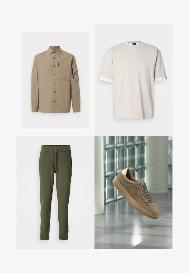 Chemise beige à manches longues avec col, boutons-pression noirs, une poche poitrine zippée et une poche plaquée zippée sur la manche gauche.; T-shirt en coton beige avec un col rond. Les manches courtes présentent une bande blanche rayée aux ourlets. Design simple et décontracté.; Pantalon de jogging vert olive avec texture côtelée, taille élastique et cordon de serrage noir. Comprend des poches latérales et des poignets resserrés.; Baskets décontractées beiges avec lacets et logo « BOSS », flottant au-dessus d’un sol en béton poli avec un mur en blocs de verre en arrière-plan.