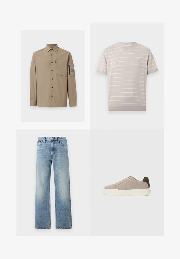 Chemise beige à manches longues avec col, boutons-pression noirs, une poche poitrine zippée et une poche plaquée zippée sur la manche gauche.; Chemise en maille beige clair à manches courtes avec de fines rayures blanches horizontales et un petit écusson carré avec logo sur le côté gauche de la poitrine.; Jean droit en denim bleu clair avec taille haute, cinq poches, fermeture à boutons et léger délavage sur les cuisses et les genoux.; Baskets en suède beige avec une semelle en caoutchouc blanche, présentant un accent de talon vert foncé et une branding subtile sur le côté.