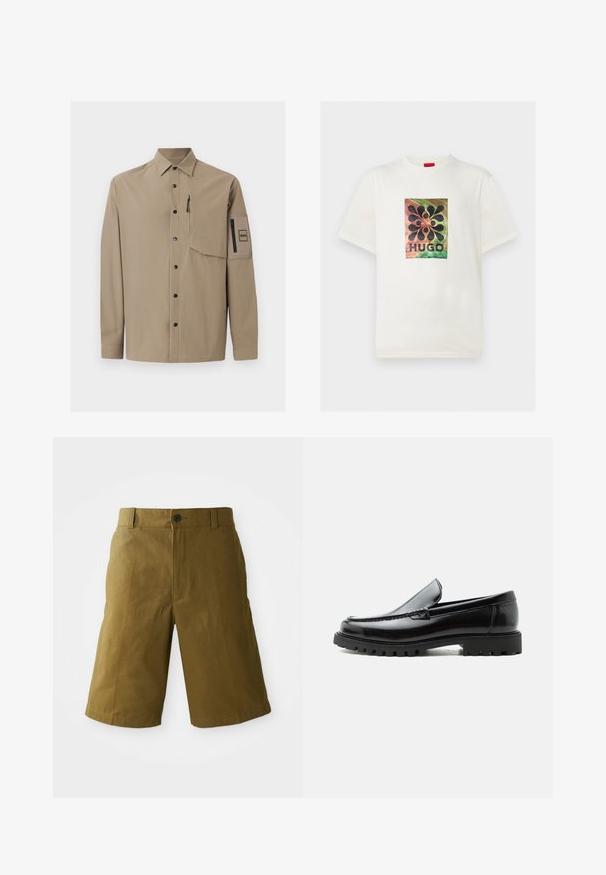Chemise beige à manches longues avec col, boutons-pression noirs, une poche poitrine zippée et une poche plaquée zippée sur la manche gauche.; T-shirt blanc à manches courtes avec un motif abstrait multicolore et des formes noires au-dessus du texte "HUGO" sur la poitrine.; Shorts olive verts au genou avec fermeture à bouton, passants de ceinture et coupe ajustée sur fond blanc.; Mocassin en cuir noir avec semelle en caoutchouc épaisse, dessus cousu et nom de marque embossé sur le talon, présenté de profil sur fond blanc.