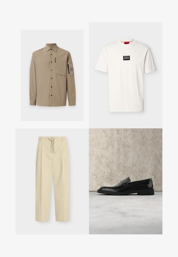 Chemise beige à manches longues avec col, boutons-pression noirs, une poche poitrine zippée et une poche plaquée zippée sur la manche gauche.; T-shirt blanc à manches courtes avec col rond, doté d'un petit patch rectangulaire noir et du texte blanc "HUGO" sur la poitrine.; Pantalon beige droit avec passants pour ceinture et nouage à l'avant, présentant un design épuré et ajusté ainsi qu'un tissu texturé.; Mocassin en cuir noir poli flottant au-dessus d'un tapis beige avec un mobilier translucide orange en arrière-plan.