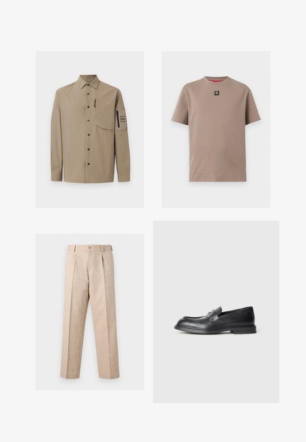 Chemise beige à manches longues avec col, boutons-pression noirs, une poche poitrine zippée et une poche plaquée zippée sur la manche gauche.; T-shirt beige à manches courtes avec col rond et petit patch logo noir "HUGO" centré sous le col.; Pantalon beige à jambes droites avec plis, fermeture par bouton, passants pour ceinture et coupe ajustée.; Mocassins en cuir noir avec une finition texturée, dotés d'une bride décorative à l'avant et d'un bout arrondi. Semelle en caoutchouc pour plus de durabilité.