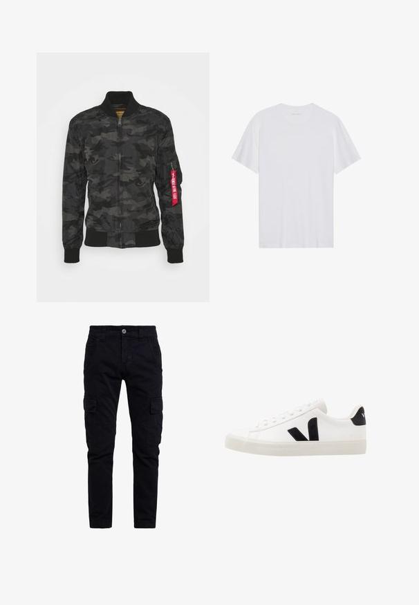 Tarnfarbenes Bomberjacke in Schwarz und Grau. Glattes, leichtes Material mit gerippten Bündchen und Bund. Verfügt über einen Reißverschluss und eine Utility-Tasche.; Weißes Baumwoll-T-Shirt mit kurzen Ärmeln, Rundhalsausschnitt und glatter Textur. Verfügt über eine minimale Markenkennzeichnung am Halsausschnitt.; Schwarze Baumwoll-Cargo-Hosen mit schlanker Passform, ausgestattet mit seitlichen Taschen und einem vorderen Knopfverschluss. Texturiert, strapazierfähiger Stoff mit einem vielseitigen Design.; Weiße Leder-Sneaker mit schwarzen Wildlederelementen; verfügen über eine Gummisohle, eine runde Spitze und ein klassisches Schnürdesign. Seitliches Logo in Schwarz.