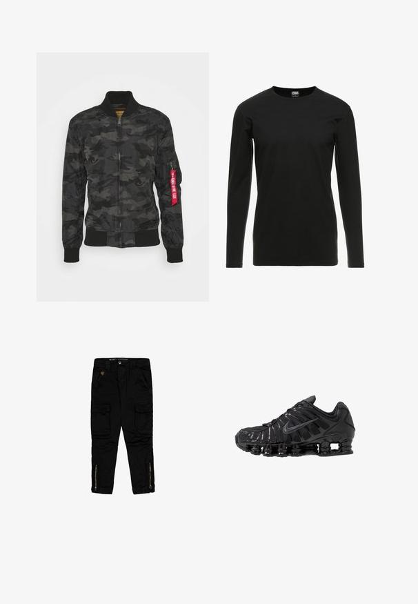 Tarnfarbenes Bomberjacke in Schwarz und Grau. Glattes, leichtes Material mit gerippten Bündchen und Bund. Verfügt über einen Reißverschluss und eine Utility-Tasche.; Urban Classics STRETCH TERRY - Langarmshirt - black; Schwarze Cargo-Hosen aus Baumwolle mit Seitentaschen, Reißverschluss-Akzenten an den Knöcheln und einer regulären Passform.; Schwarze Sportschuhe aus Mesh- und synthetischen Materialien mit einem markanten wellenförmigen Design, schwarzer Gummisohle und reflektierenden Akzenten.