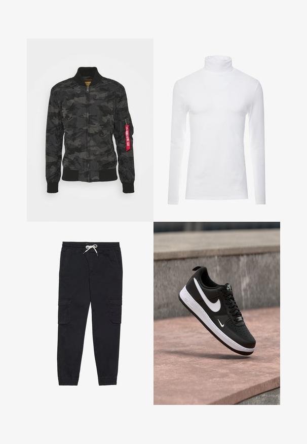 Tarnfarbenes Bomberjacke in Schwarz und Grau. Glattes, leichtes Material mit gerippten Bündchen und Bund. Verfügt über einen Reißverschluss und eine Utility-Tasche.; Weißes Langarm-Turtleneck-Shirt aus weichem, dehnbarem Stoff. Verfügt über einen hohen Kragen und eine figurbetonte Passform, die eine schlanke Silhouette bietet.; Schwarze Cargo-Hosen aus Baumwolle mit einem elastischen Bund und Kordelzug, seitlichen Taschen und schmal zulaufenden Bündchen.; Schwarz-weißer Nike Air Force 1 Sneaker, der über einer rosa Betonfläche mit grauem Stein-Hintergrund schwebt.