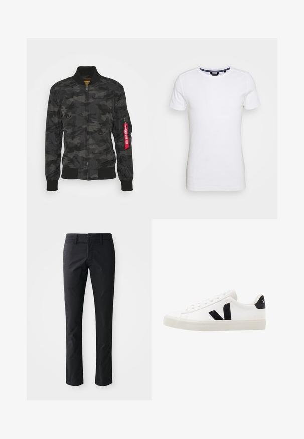 Camouflage bomberjack in zwart en grijs. Soepele, lichte stof met ribgebreide manchetten en tailleband. Voorzien van een ritsluiting en een utility zak.; Lindbergh T-shirt basic - white; Zwarte rechte broek gemaakt van gladde stof met een enkele knoopsluiting en riemlussen. Minimalistisch ontwerp zonder zichtbare patronen.; Witte leren sneaker met zwarte suède accenten; voorzien van een rubberen zool, ronde neus en een klassieke vetersluiting. Zijkant met logo in het zwart.