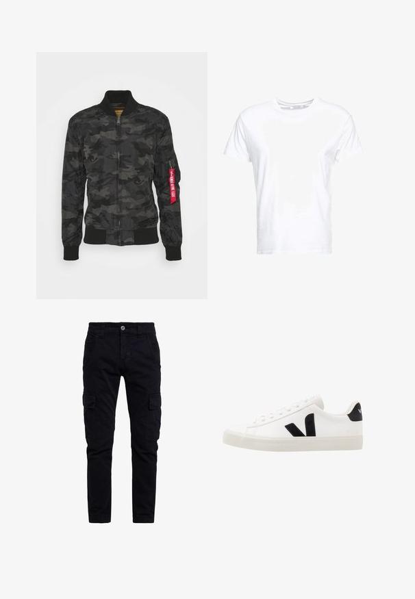 Tarnfarbenes Bomberjacke in Schwarz und Grau. Glattes, leichtes Material mit gerippten Bündchen und Bund. Verfügt über einen Reißverschluss und eine Utility-Tasche.; Weißes Baumwoll-T-Shirt mit rundem Ausschnitt und kurzen Ärmeln, im klassischen Schnitt und mit glatter Textur. Keine sichtbaren Muster oder Hardware.; Schwarze Baumwoll-Cargo-Hosen mit schlanker Passform, ausgestattet mit seitlichen Taschen und einem vorderen Knopfverschluss. Texturiert, strapazierfähiger Stoff mit einem vielseitigen Design.; Weiße Leder-Sneaker mit schwarzen Wildlederelementen; verfügen über eine Gummisohle, eine runde Spitze und ein klassisches Schnürdesign. Seitliches Logo in Schwarz.