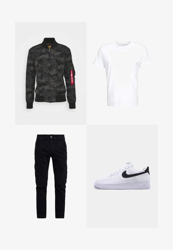 Camouflage bomberjack in zwart en grijs. Soepele, lichte stof met ribgebreide manchetten en tailleband. Voorzien van een ritsluiting en een utility zak.; Witte katoenen t-shirt met een ronde hals en korte mouwen, in een klassiek model met een gladde textuur. Geen patronen of hardware zichtbaar.; Zwarte katoenen cargobroek met een slim fit, voorzien van zijzakken en een sluiting met knoop aan de voorkant. Gelaagd, duurzaam materiaal met een veelzijdig ontwerp.; Witte leren sneaker met een gestructureerde zwarte Swoosh, platte veters en een rubberen zool met een geribbeld patroon. "AIR" is in de hak geperst.