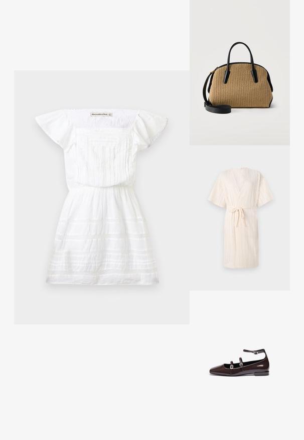 Ropa en tono beige claro estilo kimono con cintura ajustable, que presenta un patrón texturizado en forma de chevron y mangas cortas, confeccionada en un tejido transpirable.; Vestido blanco de manga corta con panel frontal plisado, cintura fruncida y sutiles rayas horizontales texturizadas, con etiqueta Abercrombie & Fitch.; Bailarinas de charol marrón con punta afilada, que presentan dos correas ajustables y hebillas de plata, además de un tacón cuadrado bajo.; Bolso tejido color canela con asas de cuero negro, detalles y correa de hombro ajustable, exhibido sobre un fondo claro y liso.