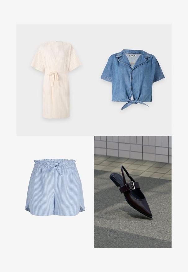 Robe kimono beige clair avec une ceinture, présentant un motif en chevrons texturé et des manches courtes, faite d'un tissu respirant.; Chemise courte à manches courtes en denim bleu clair, dotée d'un col pointu, d'une fermeture à boutons sur le devant et d'un accent de nœud noué à l'ourlet.; Shorts pour femmes à rayures verticales bleu clair et blanc avec taille élastique et cordon noué à l'avant.; Chaussure plate à bout pointu marron foncé avec bride arrière, large sangle et grande boucle argentée sur l'asphalte près d'un mur carrelé.