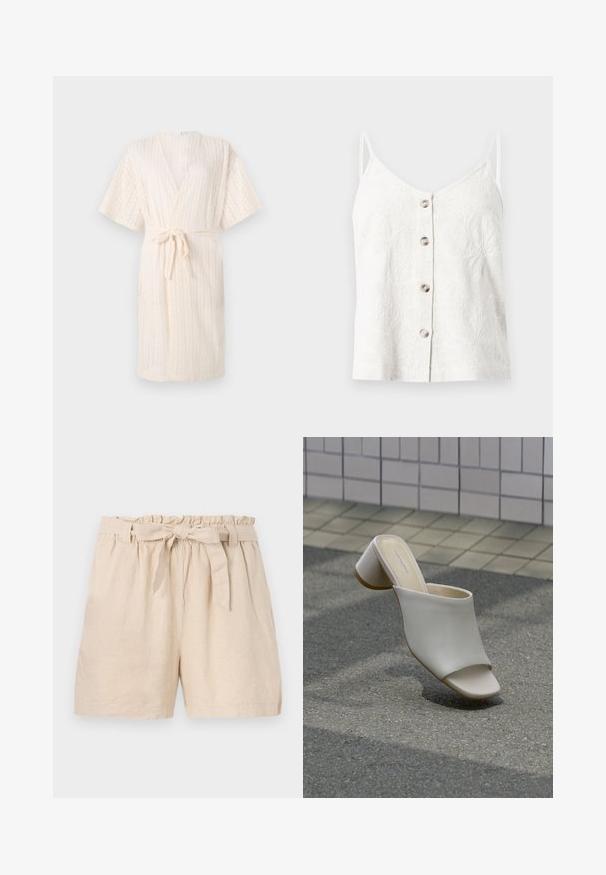 Robe kimono beige clair avec une ceinture, présentant un motif en chevrons texturé et des manches courtes, faite d'un tissu respirant.; Haut blanc sans manches à boutons avec fines bretelles et motifs floraux brodés sur tissu léger.; Shorts en lin beige avec une taille élastique, un ourlet froncé et une ceinture à nouer amovible. Présente une coupe décontractée et un tissu lisse et texturé.; Mule blanche à bout ouvert avec talon bloc sur sol pavé près d'un mur carrelé, inclinée pour montrer les vues latérale et supérieure.