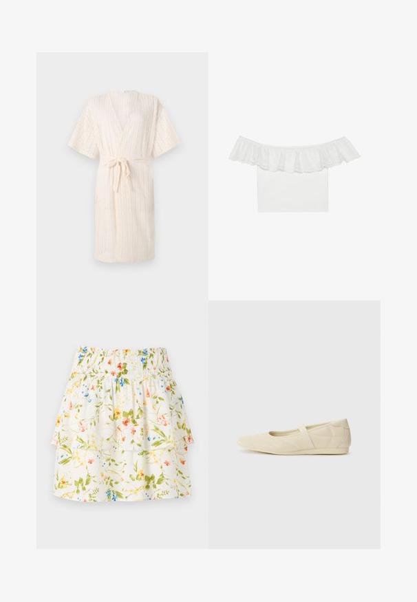Hento vaaleanbeige kimono-tyylinen viitta, jossa on sitomisvyö, teksturoitu vinoraitakuvio ja lyhyet hihat, valmistettu hengittävästä kankaasta.; Valkoinen olkaimeton paita, jossa on röyhelökaulus ja silkkireunus, sileä kangas, lyhyet hihat ja tiukka muotoilu.; Kukkakuvioinen hame, jossa on rypytetty vyötärö, röyhelökerrokset ja valkoinen tausta, jossa on vihreitä, punaisia ja sinisiä kukkia.; Beige ballerinat kengät, joissa on sileä nahka-aines, mantelinmuotoinen kärki ja joustava nauha jalkapöydän ympärillä, sisältäen hillittyjä ompeluyksityiskohtia.