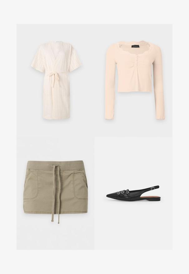 Ropa en tono beige claro estilo kimono con cintura ajustable, que presenta un patrón texturizado en forma de chevron y mangas cortas, confeccionada en un tejido transpirable.; Top corto de manga larga en tela beige suave. Presenta un escote con ribete de encaje y detalles de botones en el frente, con acentos de tela fruncida.; Minifalda beige con cinturilla acanalada, cordón frontal y dos bolsillos delanteros, mostrada sobre un fondo blanco liso.; Zapato plano slingback de cuero negro con puntera puntiaguda, que presenta dos correas horizontales y hebillas plateadas cuadradas, tacón bajo y textura suave.