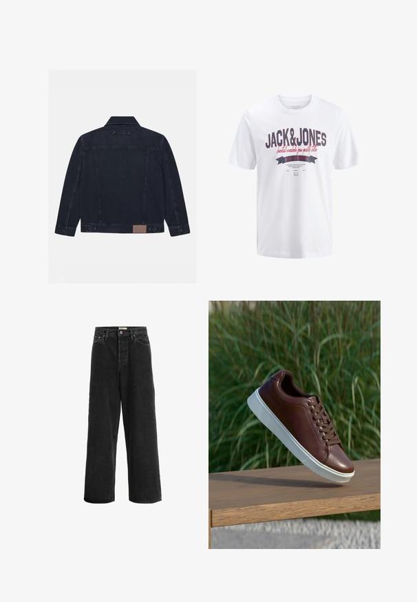Chaqueta de mezclilla oscura con cuello clásico, mangas largas y detalles de botón. Incluye un parche de logo marrón en la parte inferior de la espalda. Diseño simple y casual.; Jack & Jones T- - Camiseta estampada - bright white; Jeans de pierna ancha negros fabricados en denim. Presentan una cintura alta, dos bolsillos frontales, un cierre con botón y detalles de costura sutiles.; Zapatilla de cuero marrón con suela de goma blanca, diseño de cordones, textura suave, punta redondeada y detalles de costura sutiles.