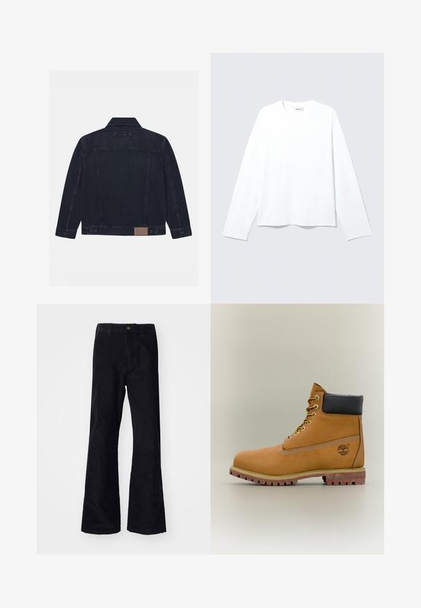 Chaqueta de mezclilla oscura con cuello clásico, mangas largas y detalles de botón. Incluye un parche de logo marrón en la parte inferior de la espalda. Diseño simple y casual.; Camiseta blanca lisa de manga larga con cuello redondo, corte holgado y etiqueta de la marca visible en el cuello, colocada plana sobre un fondo claro.; Pantalones de algodón negros acampanados con una cinturilla tradicional, un solo botón frontal y bolsillos a los lados y en la parte posterior. Textura suave.; Bota de tobillo de cuero marrón con cuello negro, cordones amarillos y suela beige. Presenta un logotipo y detalles de costura blanca. Suela exterior con tracción robusta.