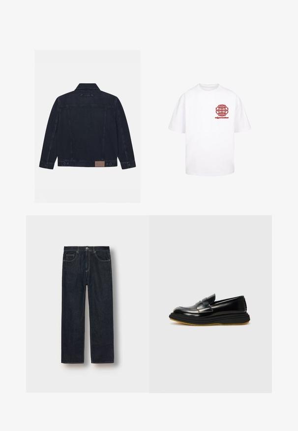 Chaqueta de mezclilla oscura con cuello clásico, mangas largas y detalles de botón. Incluye un parche de logo marrón en la parte inferior de la espalda. Diseño simple y casual.; Camiseta de algodón blanca con un logo gráfico rojo en el frente, que muestra un diseño de globo con texto estilizado debajo. Mangas cortas, corte relajado.; Jean recto azul oscuro en tejido de mezclilla, con pasadores para cinturón, bolsillos frontales y costuras en contraste. Diseño minimalista sin adornos.; Mocasines de cuero negro con un diseño estructurado, que presentan un panel frontal elevado, detalles de costura y una suela de goma gruesa y Texturada.