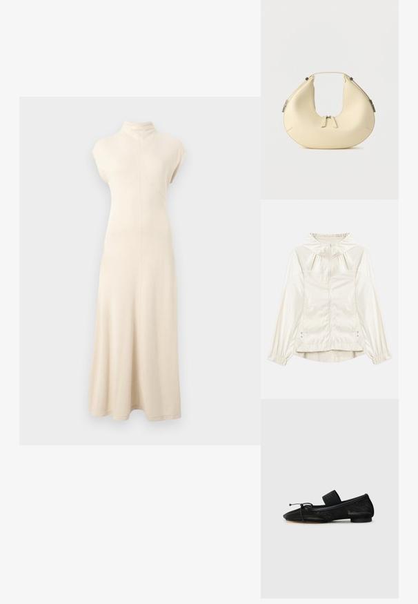 Veste légère de couleur crème avec capuche, fermeture éclair à l'avant, poignets élastiques et poches latérales. Texture lisse avec un léger éclat.; Robe en maille couleur crème avec un col montant, des manches courtes et une silhouette évasée en A. Texture lisse avec des détails sans coutures.; Chaussure plate noire avec un bout pointu, fabriquée en tissu texturé, avec un accent à nœud et un petit talon rond. Sangle élastique au niveau de la cheville.; Sac à main beige en forme de croissant avec fermeture à double fermeture éclair et poignée courte, avec des détails en métal argenté sur les côtés.