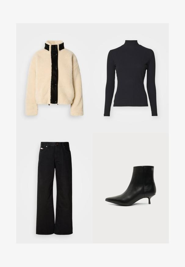 Crème-kleurige fleece jas met een glanzend zwart voorpaneel, hoge kraag en drukknoopsluiting; heeft een zachte textuur en cropped ontwerp.; Zwarte geribde coltrui met lange mouwen. Gemaakt van rekbare stof met een getailleerde pasvorm en hoge kraag. Eenvoudig ontwerp zonder versieringen.; Zwarte wijde spijkerbroek van katoen. Voorzien van zijzakken, een knoopsluiting en een klassieke denimtextuur. Minimalistisch ontwerp zonder patronen.; Zwart leren enkellaars met puntige neus en lage kittenhak op lichte achtergrond, zijaanzicht buitenkant.