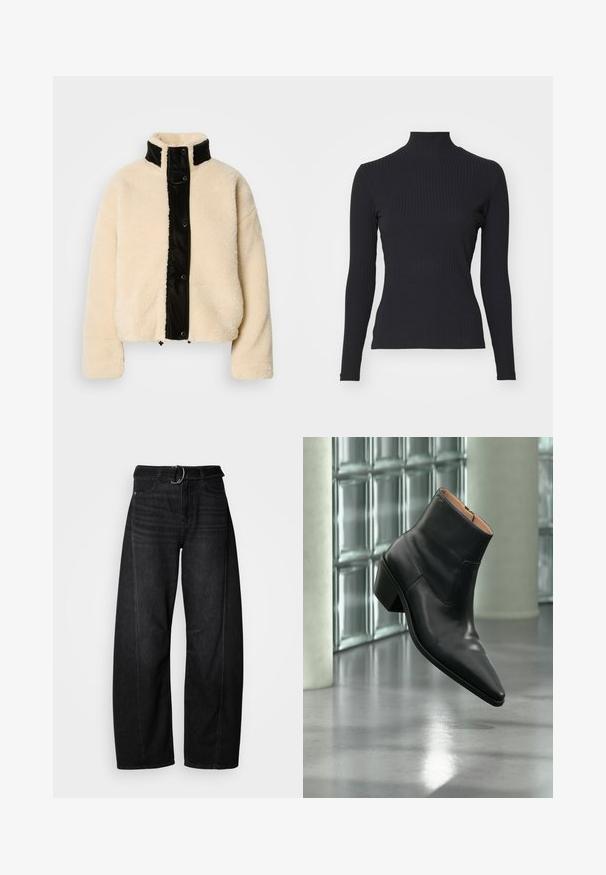 Crème-kleurige fleece jas met een glanzend zwart voorpaneel, hoge kraag en drukknoopsluiting; heeft een zachte textuur en cropped ontwerp.; Zwarte geribde coltrui met lange mouwen. Gemaakt van rekbare stof met een getailleerde pasvorm en hoge kraag. Eenvoudig ontwerp zonder versieringen.; Zwarte wijde spijkerbroek van denim met een tailleband en casual zakdetails. Heeft een ruwe rand aan de zoom en minimale stiksels.; Zwarte leren enkellaars met een spitse neus en blokhak die zweeft boven een reflecterende grijze vloer nabij een glazen blokmuur.