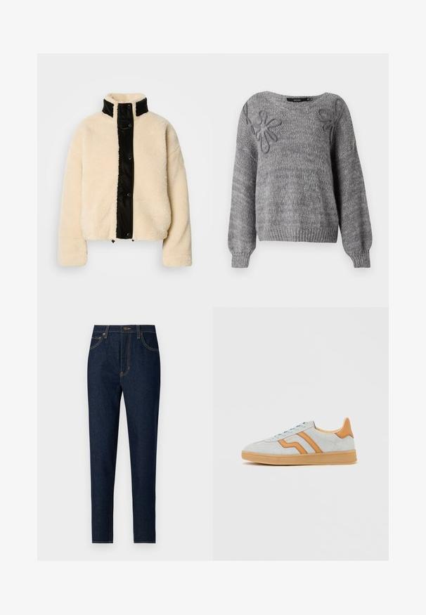 Cremfarbener Fleece-Jacke mit einem glänzenden schwarzen Vorderteil, hohen Kragen und Druckknöpfen; zeichnet sich durch eine weiche Textur und einen verkürzten Schnitt aus.; Vero Moda VMLOLLIPOP V NECK - Strickpullover - medium grey; Dunkelblaue Jeans im geraden Schnitt. Mit vorderen und hinteren Taschen sowie kontrastierendem gelbem Stich. Klassischer Knopfverschluss.; Hellgrauer Wildledersneaker mit cognacfarbenen Lederakzenten, Gummisohle und hellblauen Schnürsenkeln, von der Seite vor weißem Hintergrund gezeigt.