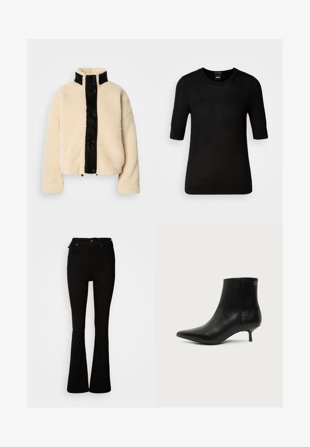 Crème-kleurige fleece jas met een glanzend zwart voorpaneel, hoge kraag en drukknoopsluiting; heeft een zachte textuur en cropped ontwerp.; Zwarte short-sleeve trui gemaakt van fijne merino wol. Ronde halslijn, slim fit, gladde textuur, minimalistisch design, geen zichtbare patronen of accenten.; Zwarte flared jeans van denim, met een hoge taille, voorzakken en een klassiek vijf-pocket ontwerp met metalen accenten.; Zwart leren enkellaars met puntige neus en lage kittenhak op lichte achtergrond, zijaanzicht buitenkant.