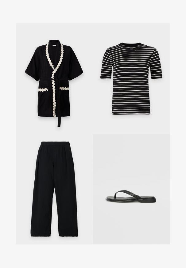 Bata negra con mangas cortas, borde crema con forma de concha en el cuello y los bolsillos, que incluye un cinturón a juego. Tejido texturizado.; Camiseta de rayas negras y blancas, de mangas cortas, cuello redondo, hecha de suave punto de algodón, con rayas uniformes y un ajuste estándar.; BDG Urban Outfitters BOBBI PANT - Pantalones - black; Chancla negra de piel suave, con un diseño de tira delgada y una suela plana de perfil mínimo. Sin patrones ni acentos notables.