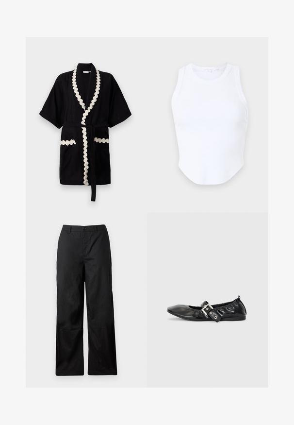 Bata negra con mangas cortas, borde crema con forma de concha en el cuello y los bolsillos, que incluye un cinturón a juego. Tejido texturizado.; Good American MICRO TANK - Top - white; Pantalones negros de pierna ancha hechos de una tela suave. Cuentan con un cierre de botón y presillas para cinturón. Sin patrones ni acentos visibles.; Zapato plano de piel negra con puntera afilada, detalle fruncido alrededor de la abertura y un acento de hebilla plateada en la correa ajustable.