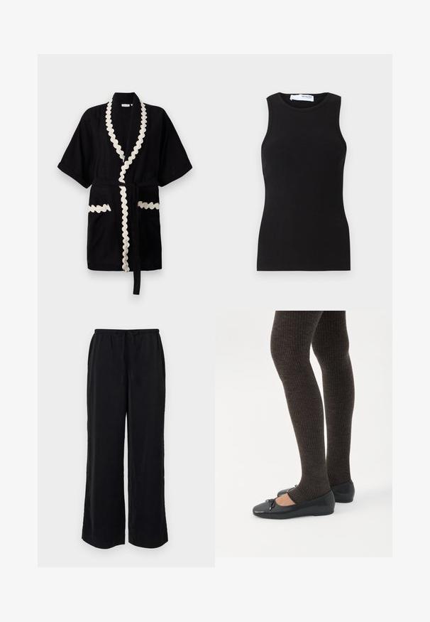 Bata negra con mangas cortas, borde crema con forma de concha en el cuello y los bolsillos, que incluye un cinturón a juego. Tejido texturizado.; Camiseta sin mangas negra de canalé con cuello redondo. Fabricada con un tejido elástico, tiene una forma ajustada y una textura suave.; Pantalones anchos negros con cintura elástica y bolsillos laterales. Fabricados en un tejido ligero con una textura suave. Sin patrones visibles.; Piernas con leggings oscuros acanalados combinados con bailarinas negras que presentan pequeños detalles de lazo sobre un fondo blanco.